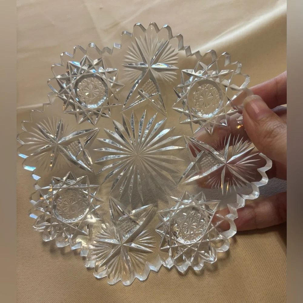 Antique American Brilliant Glass 6” Crystal Dish Bowl Sawtooth Scalloped Star‎